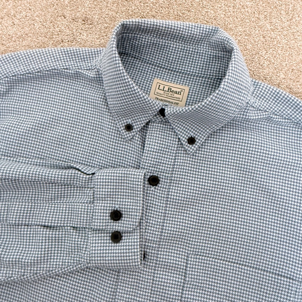LL Bean Button Down Shirt Mens M Blue Houndstooth Traditional Fit Cotton